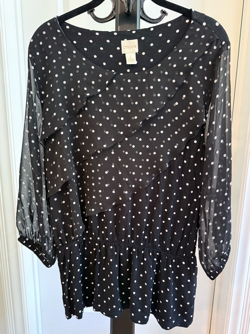 Chico’s Black White Polka Dot Ruffle Blouse Size 1 Sheer Sleeve Peplum Top